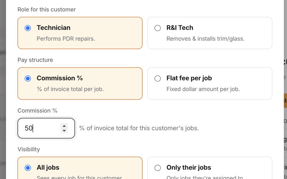 PDR Mobile pay rule editor — role, commission percentage or flat fee, and job visibility for a technician